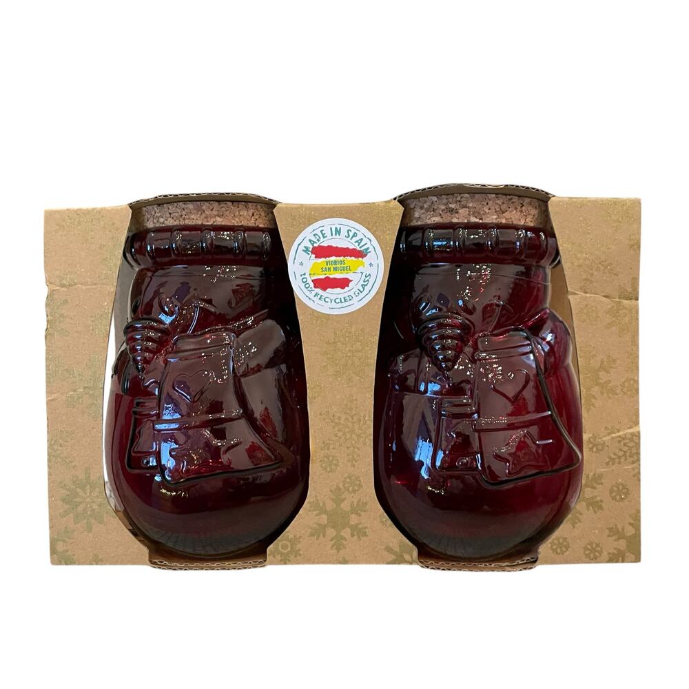 Vidrios San Miguel Red Glass Snowman Jars Set Of 2 New In Box Made In Spain